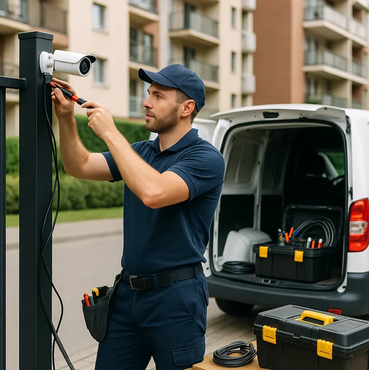 Técnico instalando câmera de segurança no portão de um condomínio